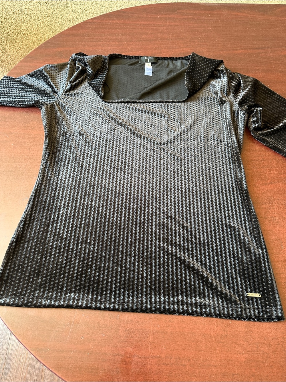 Tahari Black Velvet Textured Square-Neck Long Sleeve Top